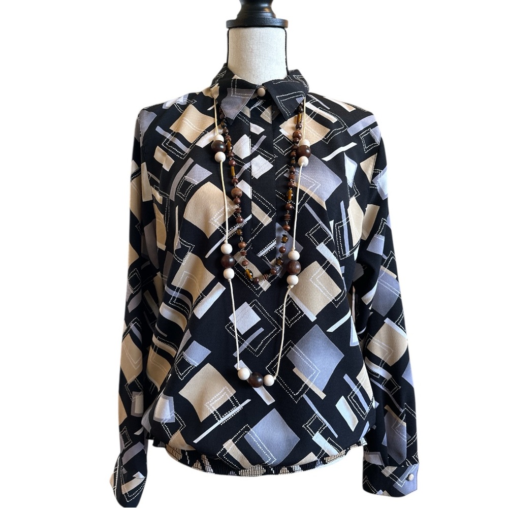 90s Vintage Alfred Dunner Twee Preppy Button Up Geometric Blouse | Size 12
